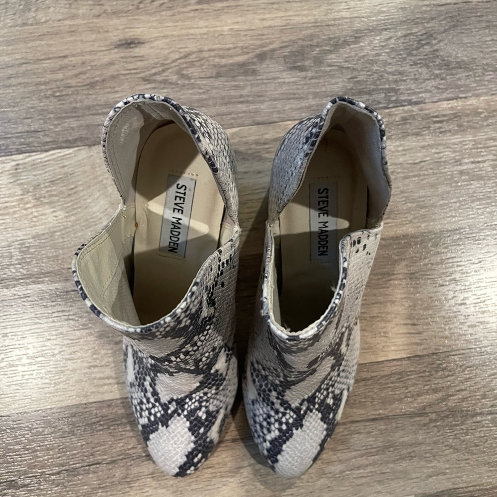 Steve Madden Snake-Print Pointed Toe Ankle Booties in Beige and Black